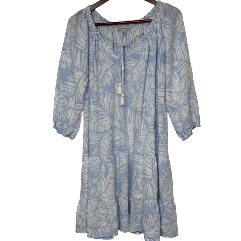 La Mer Luxe Blue White Palm Print Tiered Tassel Mini Dress Womens Large L